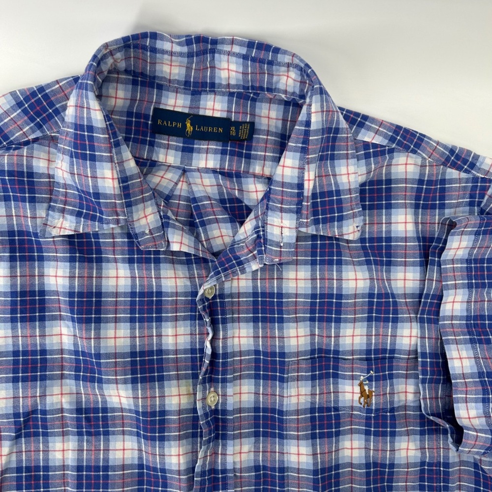 Ralph Lauren Button Front Shirt Mens XL Blue Plaid Short Sleeve Cotton Pony Logo